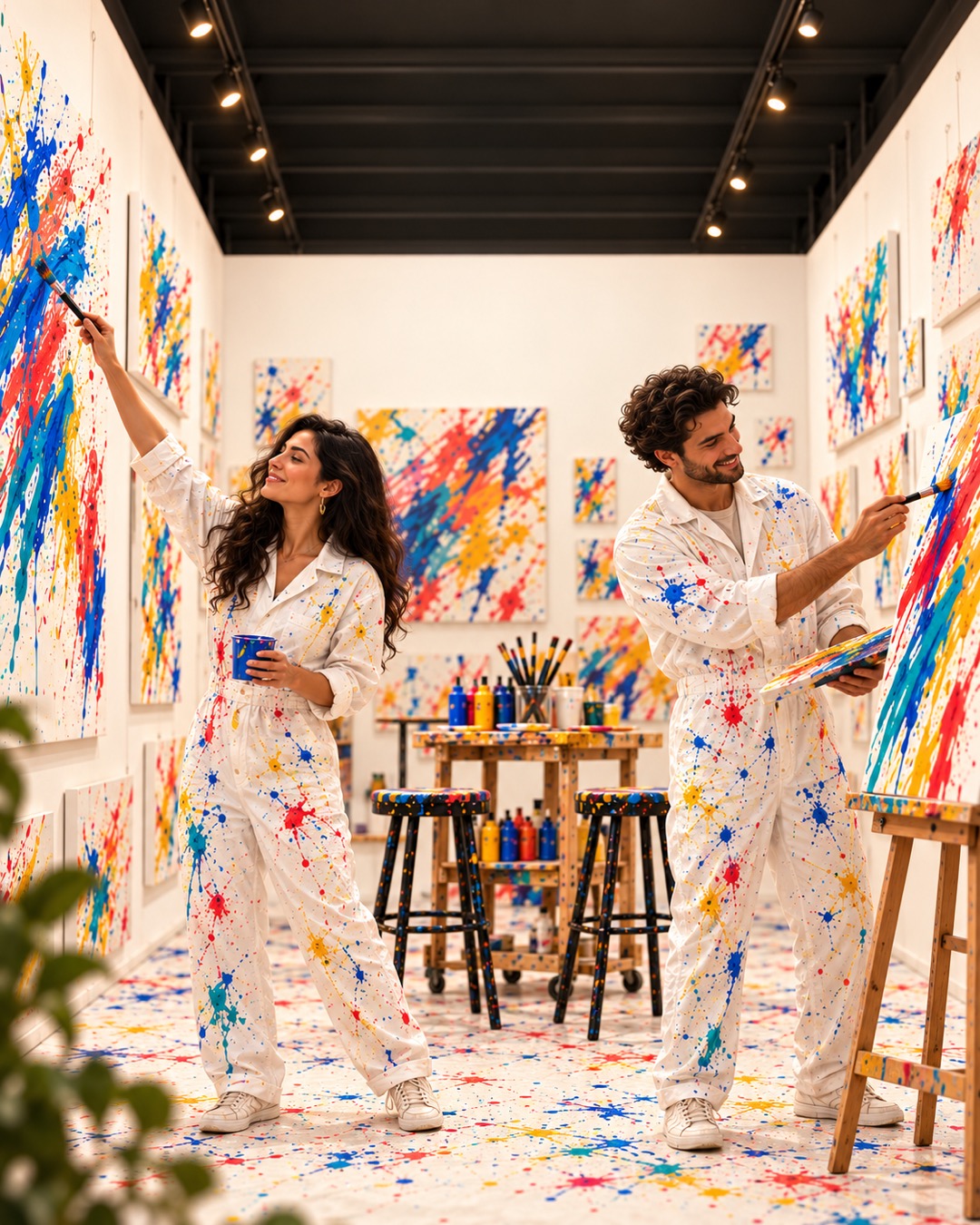 AI-created illustration of adults painting in white protective overalls in FRIDA’s white art cube with a black ceiling