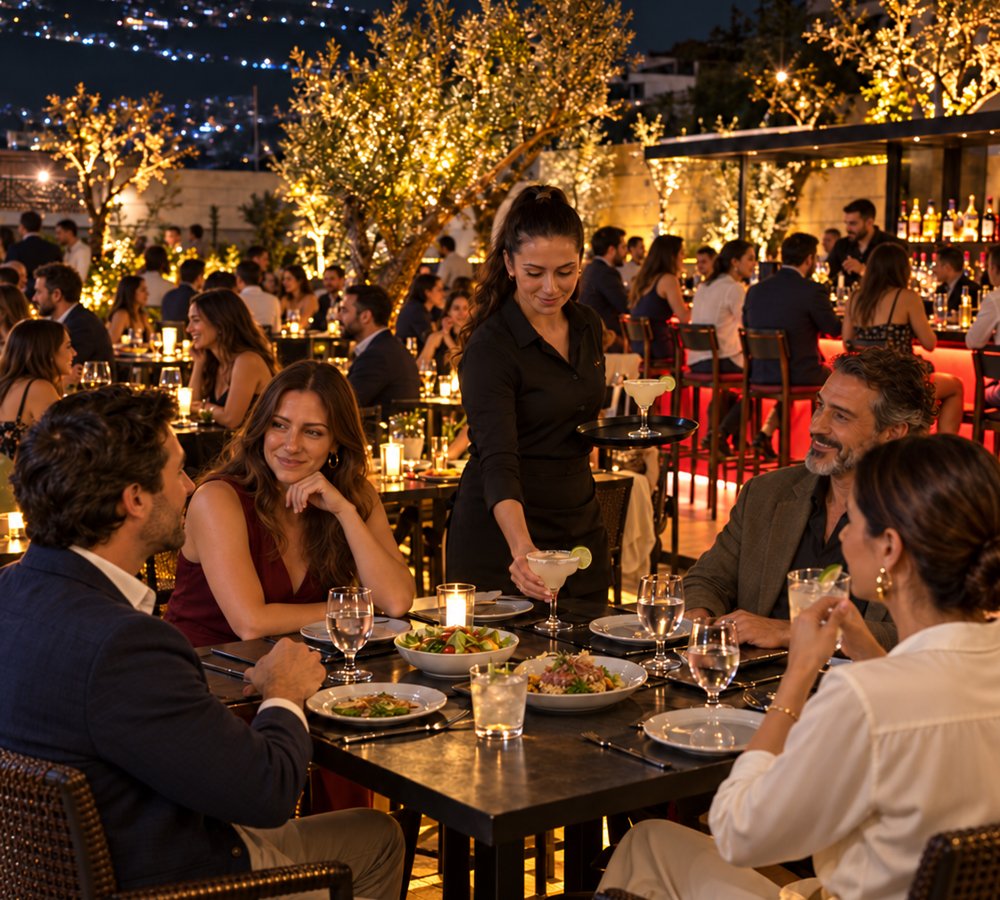 FRIDA campaign scene of friends dining and drinks being served on a lively rooftop